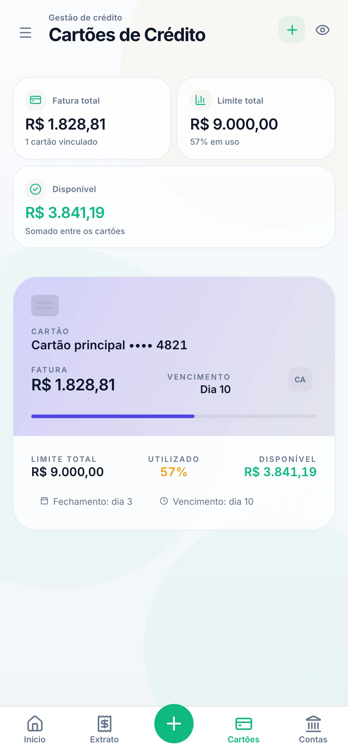Cartões no celular: fatura total, limite e disponível.